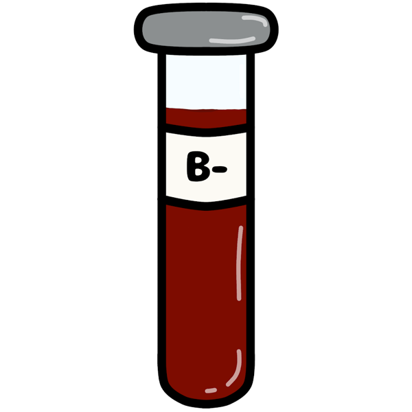 Cartoon style drawing of a glass vial filled with red liquid, there is a white label on the vial with, "B-" on it